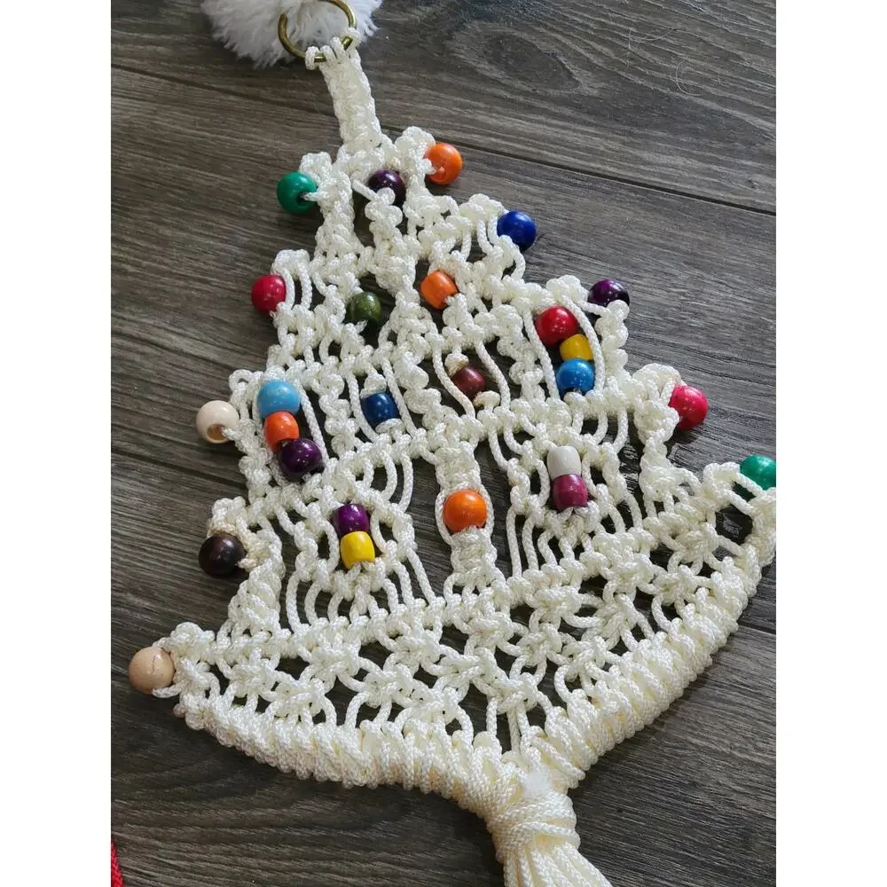 Handmade Macrame Santa‎ & Christmas Tree Wall Hangings Wood Beads Lot of TWO